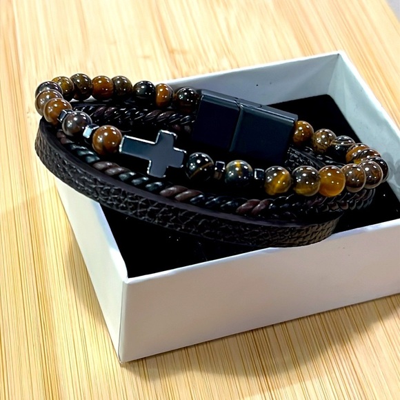 Brand New Men's Beaded Braided Leather Metal Cross Bracelet Magnetic Clasp - Picture 4 of 15